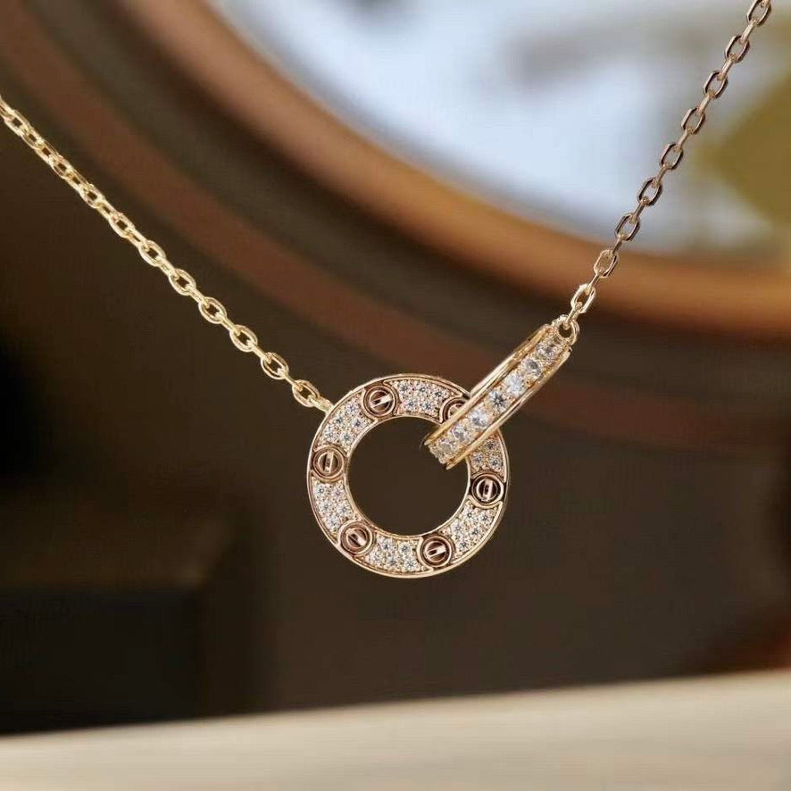 [Psychic Jewelrys]LOVE 7.6MM NECKLACE ROSE GOLD AND SILVER  FULL DIAMOND