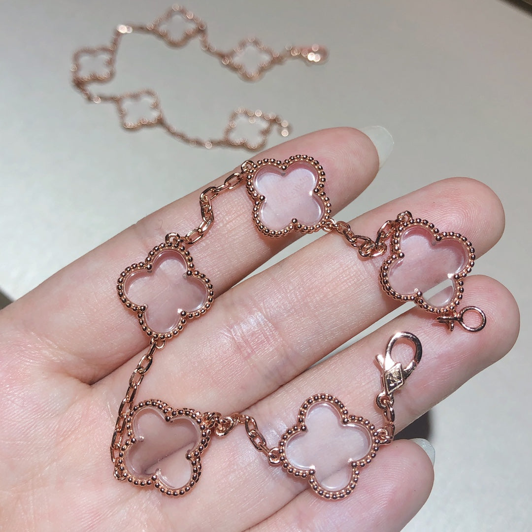 [Psychic Jewelrys]CLOVER 5 MOTIF ROCK CRYSTAL PINK GOLD BRACELET