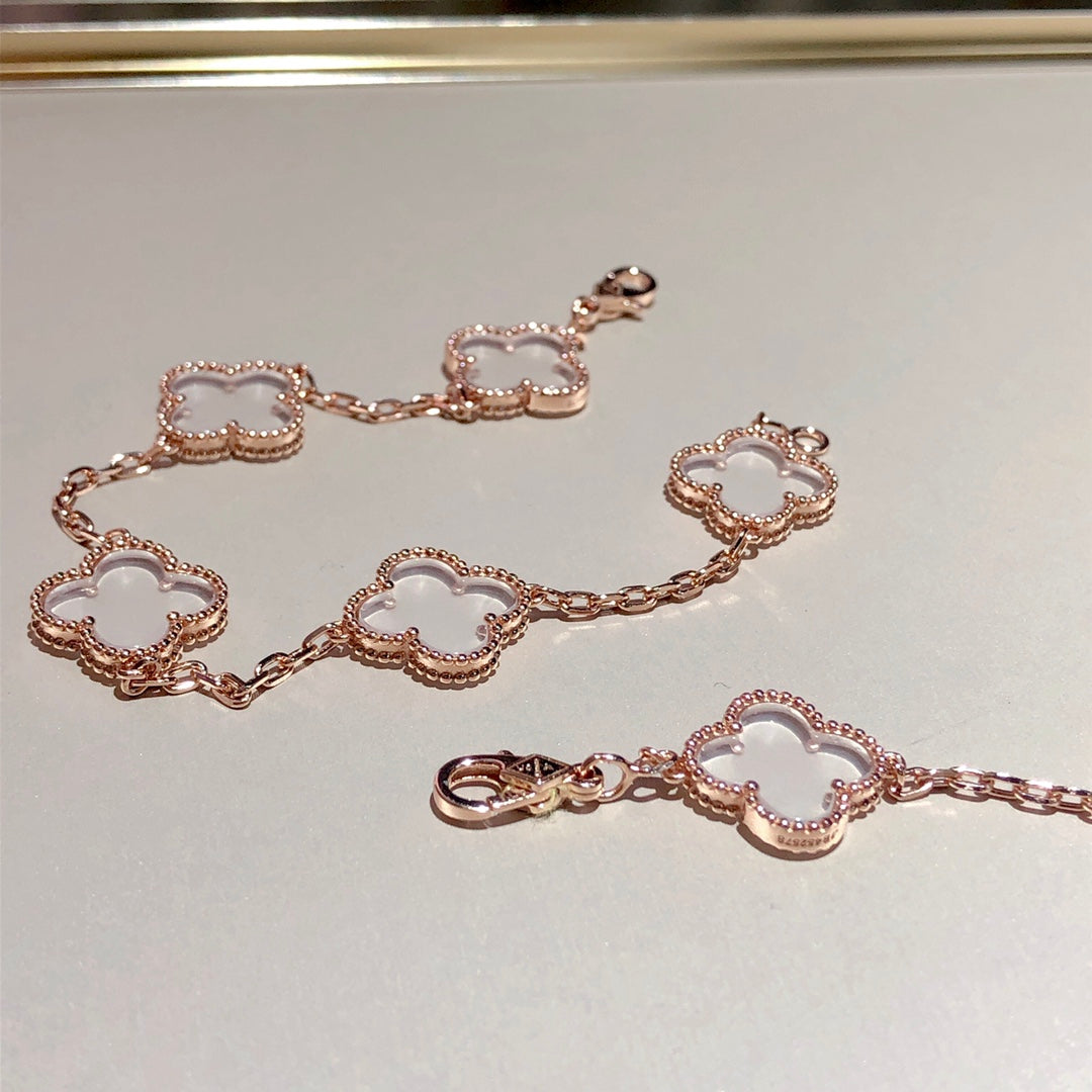 [Psychic Jewelrys]CLOVER 5 MOTIF ROCK CRYSTAL PINK GOLD BRACELET