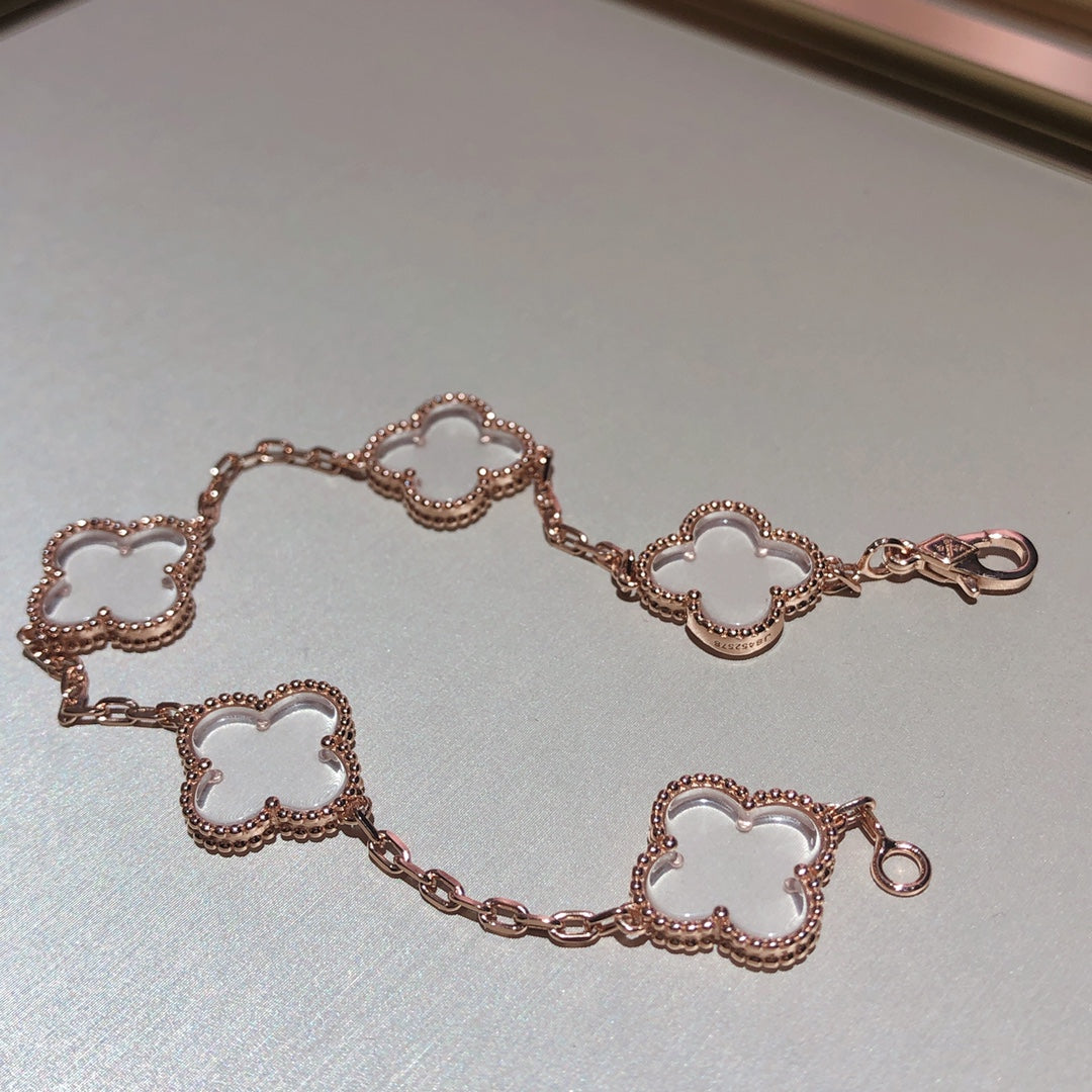 [Psychic Jewelrys]CLOVER 5 MOTIF ROCK CRYSTAL PINK GOLD BRACELET