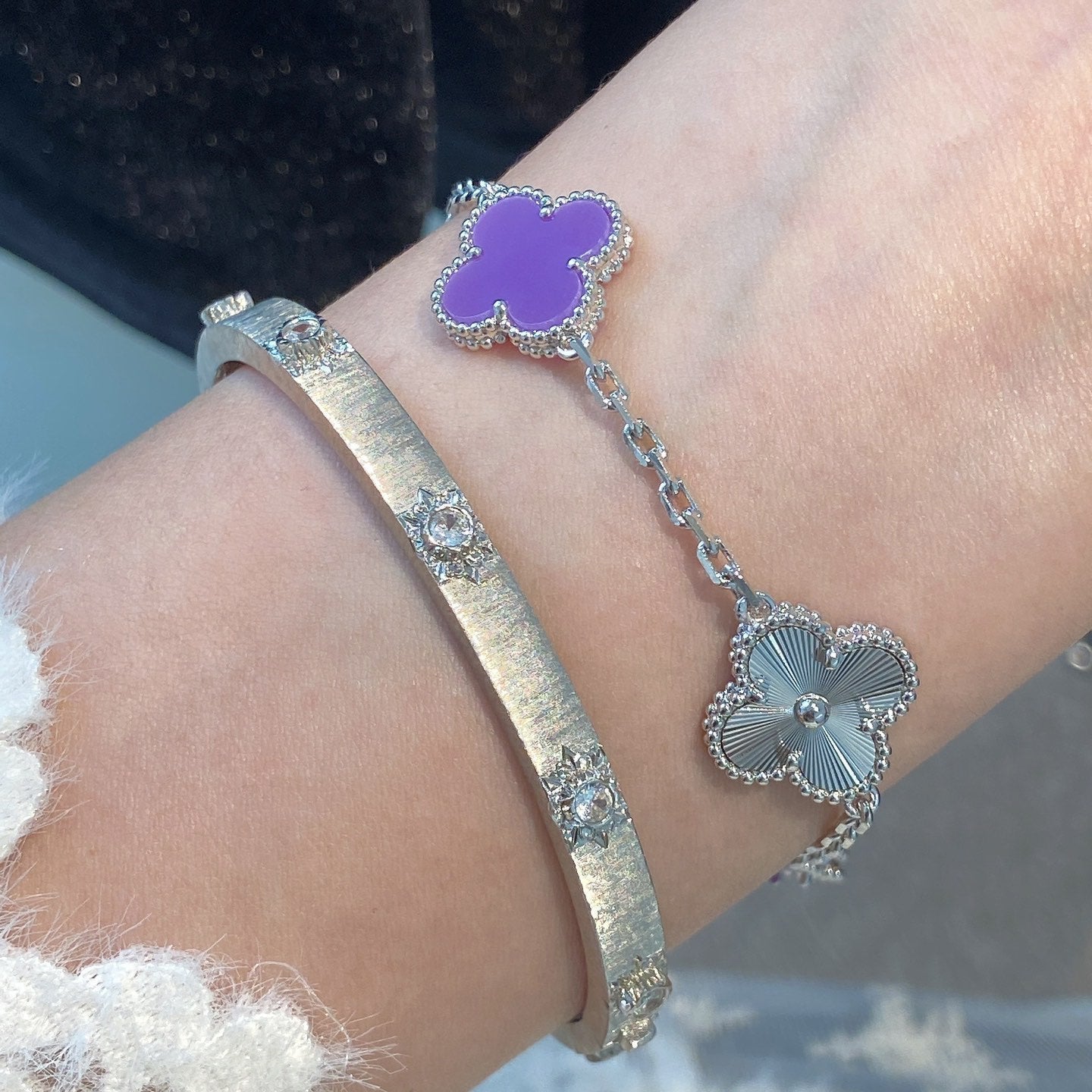 [Psychic Jewelrys]CLOVER  5 MOTIFS  PURPLE VIOLET BRACELET SILVER