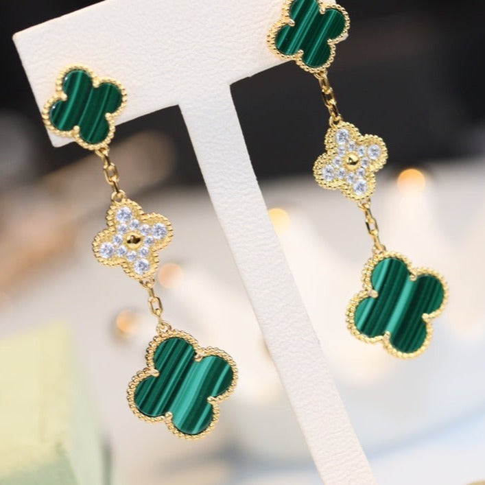 [Psychic Jewelrys]CLOVER EARRINGS GOLD MALACHITE DIAMOND 3 MOTIF