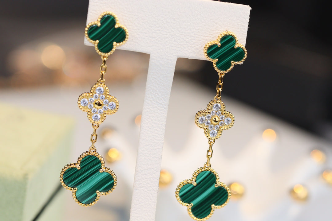 [Psychic Jewelrys]CLOVER EARRINGS GOLD MALACHITE DIAMOND 3 MOTIF