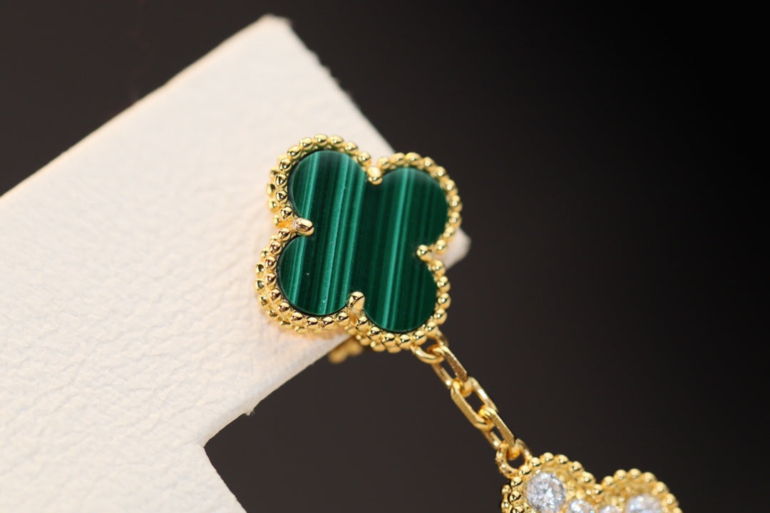 [Psychic Jewelrys]CLOVER EARRINGS GOLD MALACHITE DIAMOND 3 MOTIF