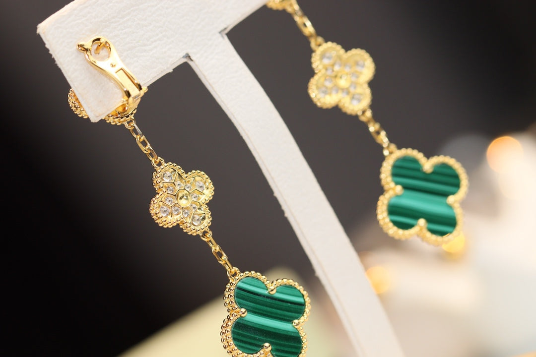 [Psychic Jewelrys]CLOVER EARRINGS GOLD MALACHITE DIAMOND 3 MOTIF