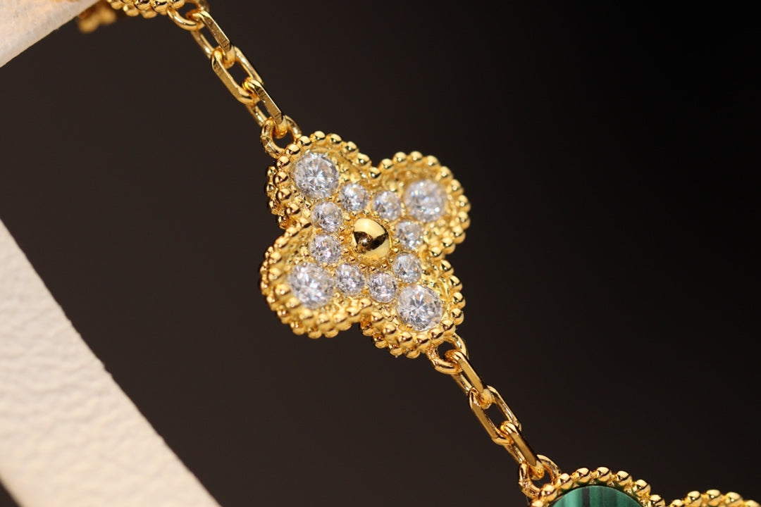 [Psychic Jewelrys]CLOVER EARRINGS GOLD MALACHITE DIAMOND 3 MOTIF
