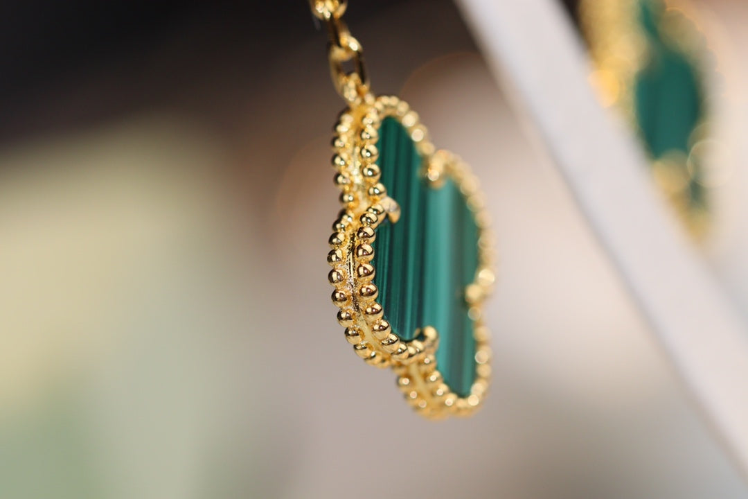 [Psychic Jewelrys]CLOVER EARRINGS GOLD MALACHITE DIAMOND 3 MOTIF