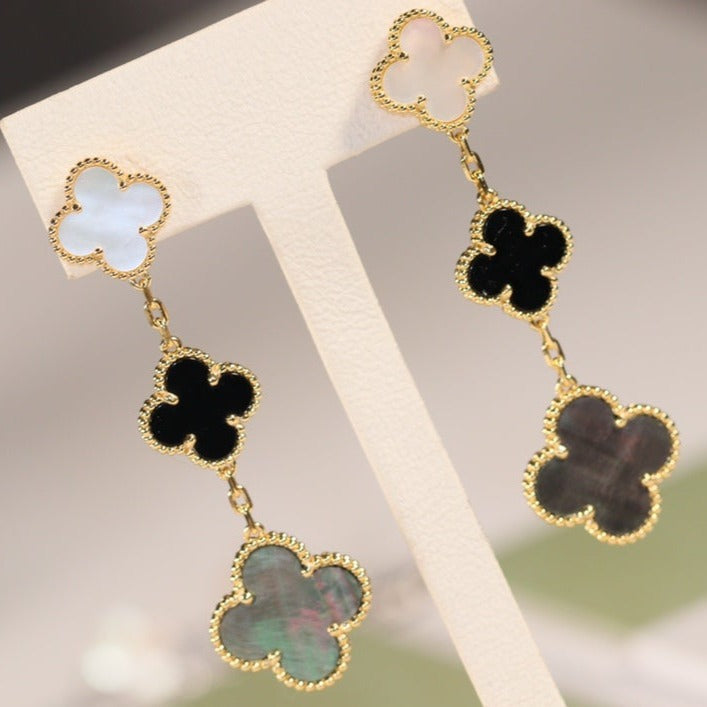 [Psychic Jewelrys]CLOVER EARRINGS GOLD ONYX MOP 3 MOTIF