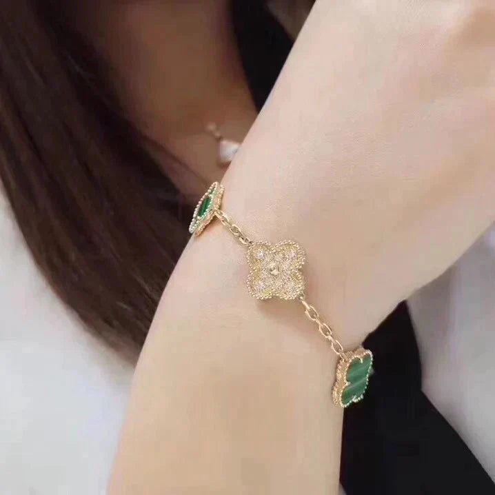 [Psychic Jewelrys]CLOVER  5 MOTIF MALACHITE DIAMOND BRACELET