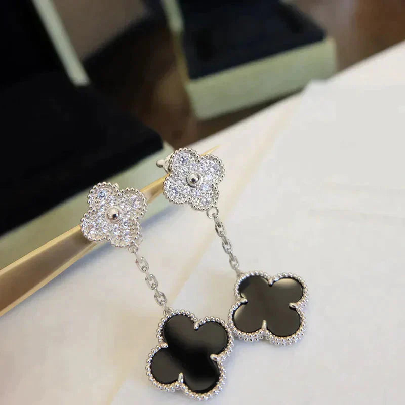 [Psychic Jewelrys]CLOVER 2 MOTIFS  DIAMOND ONYX EARRINGS SILVER