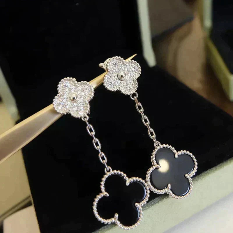 [Psychic Jewelrys]CLOVER 2 MOTIFS  DIAMOND ONYX EARRINGS SILVER