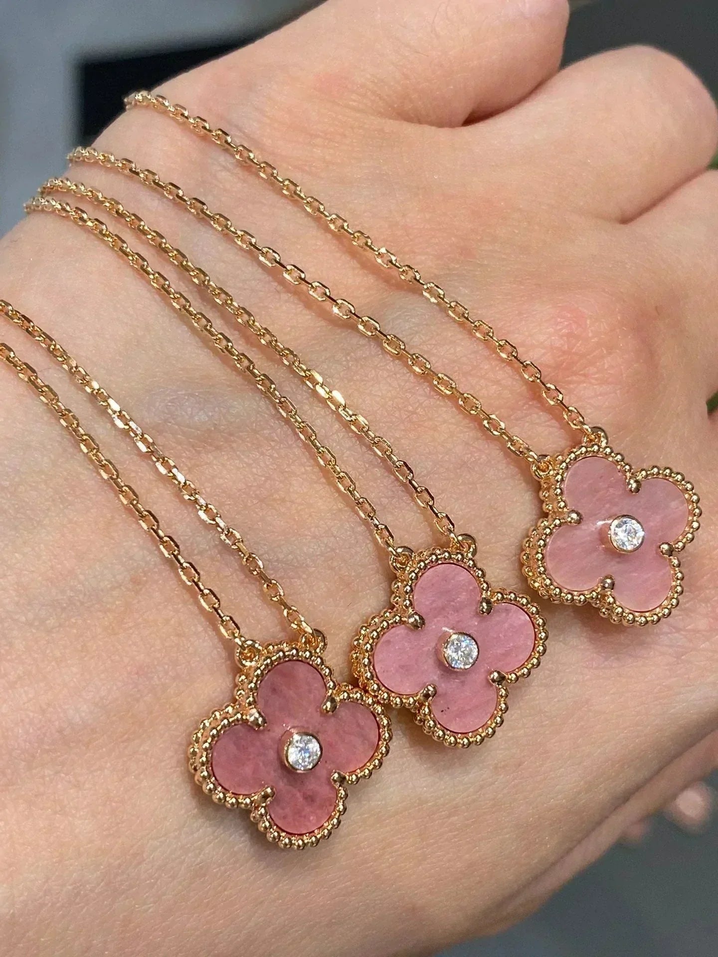 [Psychic Jewelrys]CLOVER 15MM DIAMOND RHODONITE NECKLACE