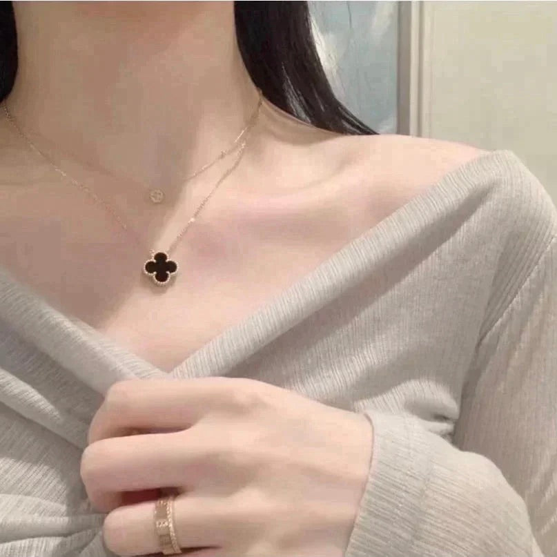 [Psychic Jewelrys]CLOVER 15MM BLACK ONYX SINGLE FLOWER NECKLACE