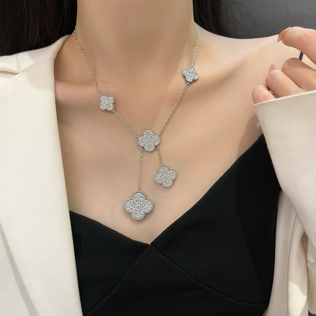 [Psychic Jewelrys]CLOVER 5 MOTIFS SILVER DIAMONDS NECKLACE