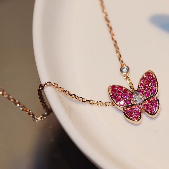 [Psychic Jewelrys]BUTTERFLY RED DIAMOND ROSE GOLD NECKLACE