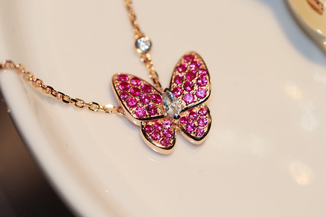 [Psychic Jewelrys]BUTTERFLY RED DIAMOND ROSE GOLD NECKLACE