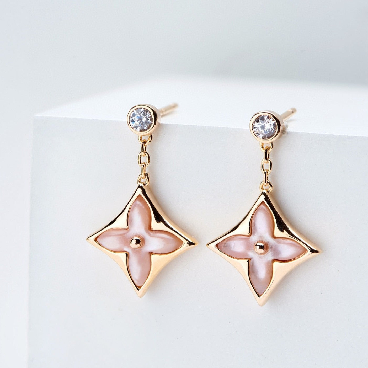 [Psychic Jewelrys]DOUBLE STAR PINK GOLD MOP DROP EARRINGS