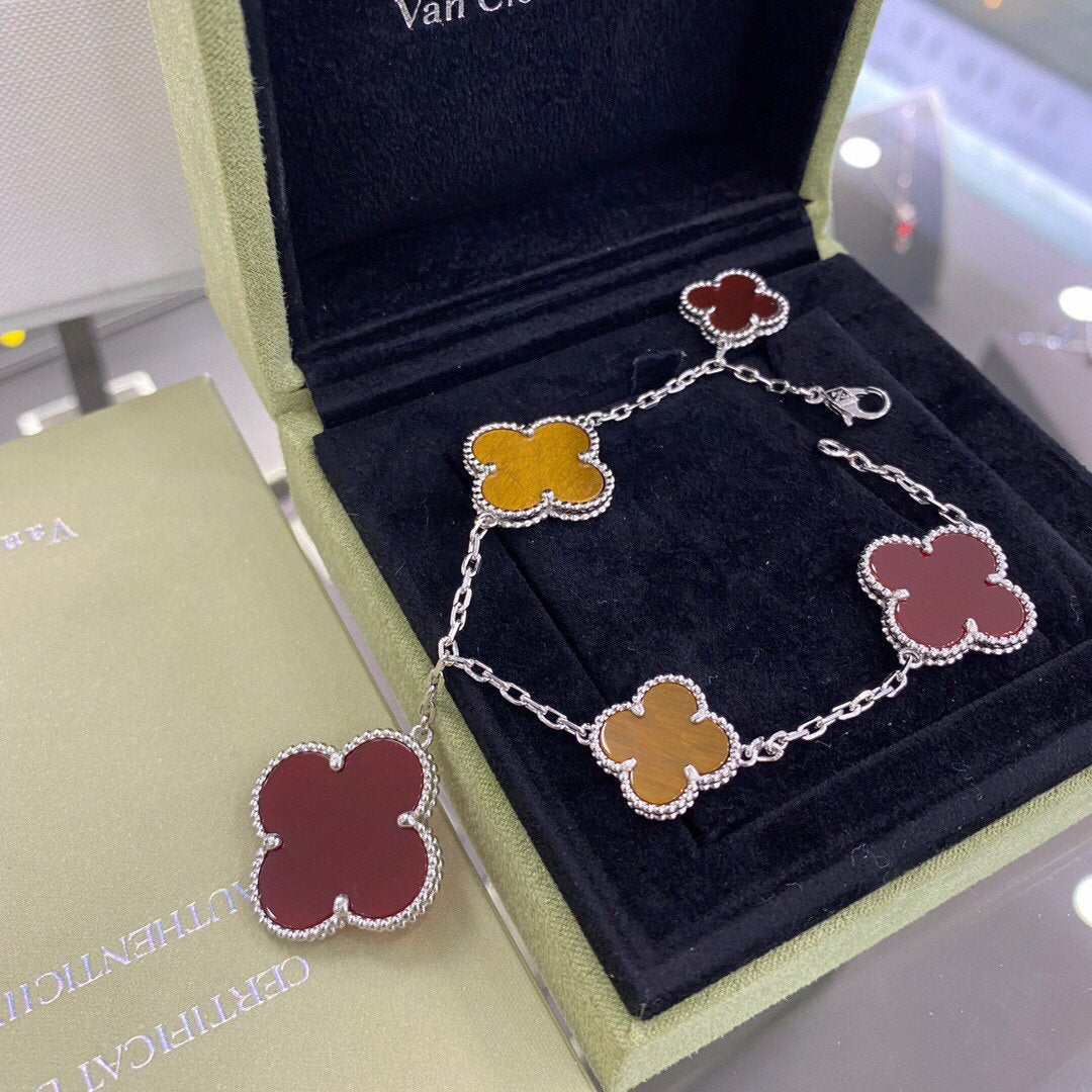 [Psychic Jewelrys]CLOVER 5 MOTIFS SIVLER CARNELIAN TIGER EYE BRACELET
