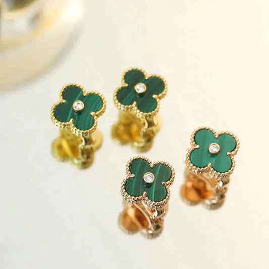 [Psychic Jewelrys]CLOVER MEDIUM 1 MOTIFS MALACHITE DIAMOND EARRINGS