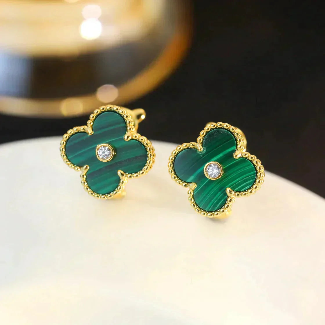 [Psychic Jewelrys]CLOVER MEDIUM 1 MOTIFS MALACHITE DIAMOND EARRINGS