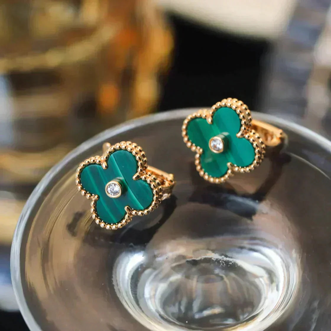 [Psychic Jewelrys]CLOVER MEDIUM 1 MOTIFS MALACHITE DIAMOND EARRINGS