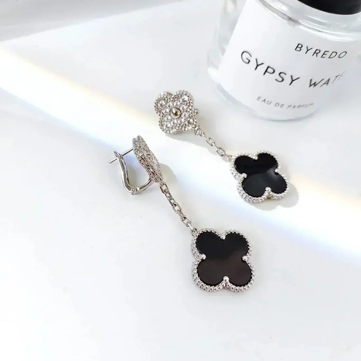 [Psychic Jewelrys]CLOVER 2 MOTIFS  DIAMOND ONYX EARRINGS SILVER
