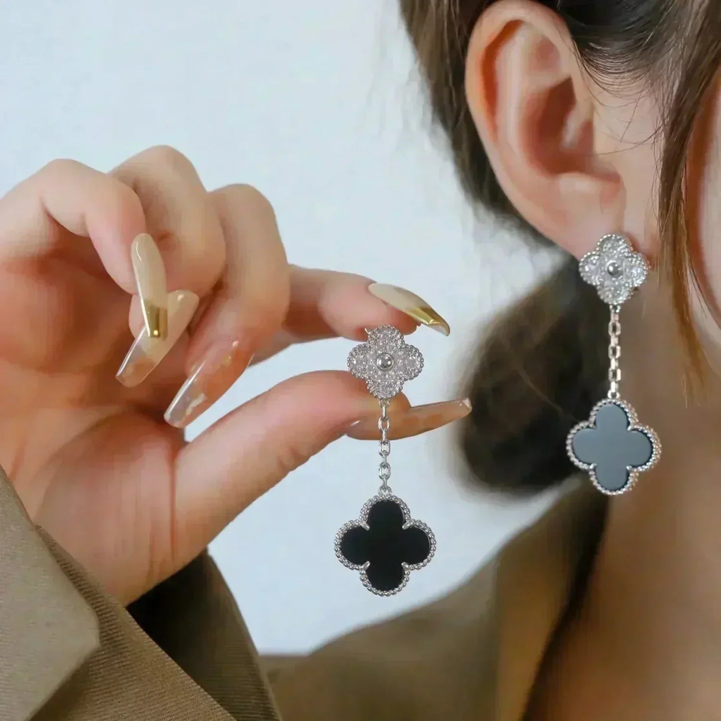 [Psychic Jewelrys]CLOVER 2 MOTIFS  DIAMOND ONYX EARRINGS SILVER
