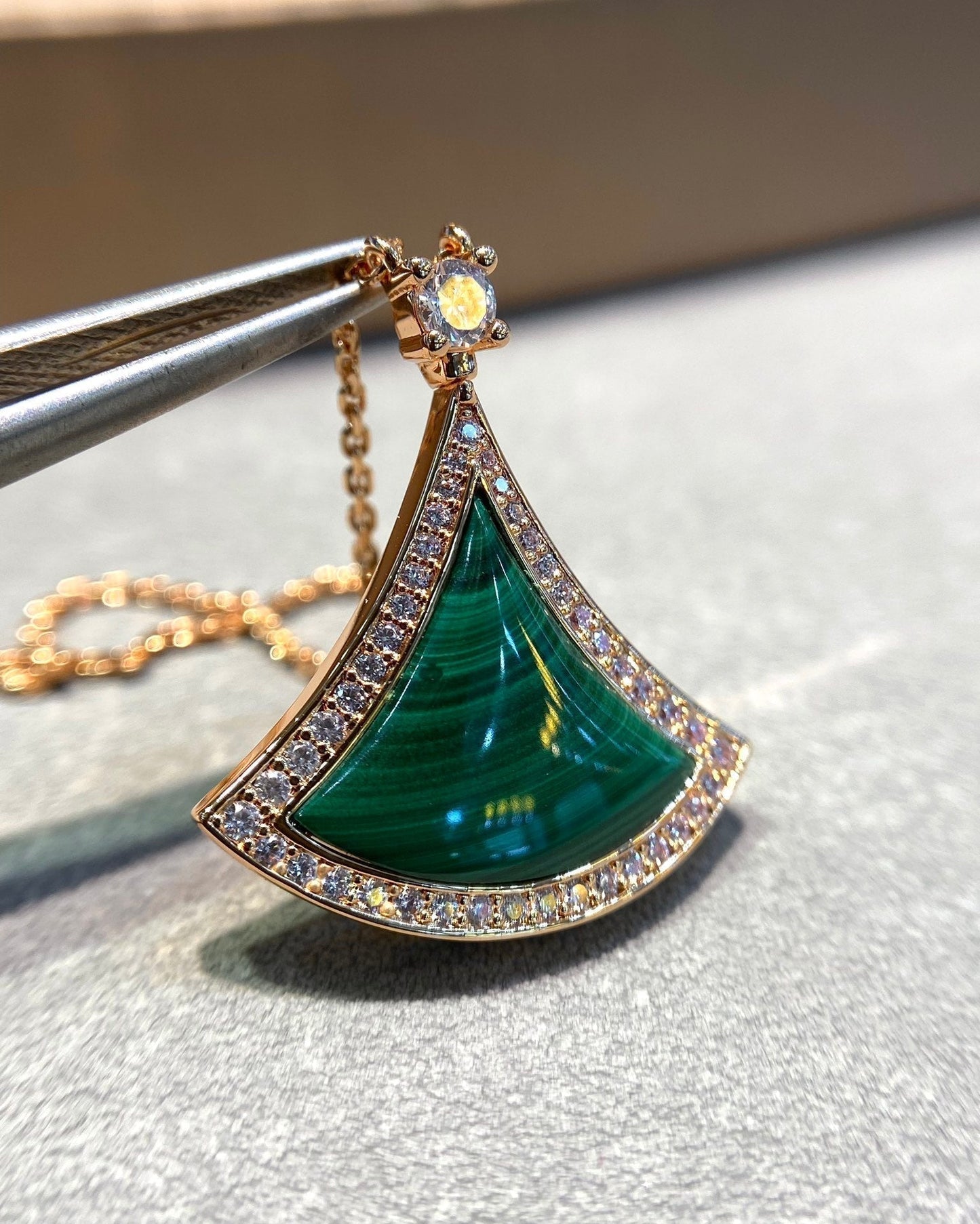 [Psychic Jewelrys]DREAM MALACHITE DIAMOND PAVED PINK GOLD NECKLACE