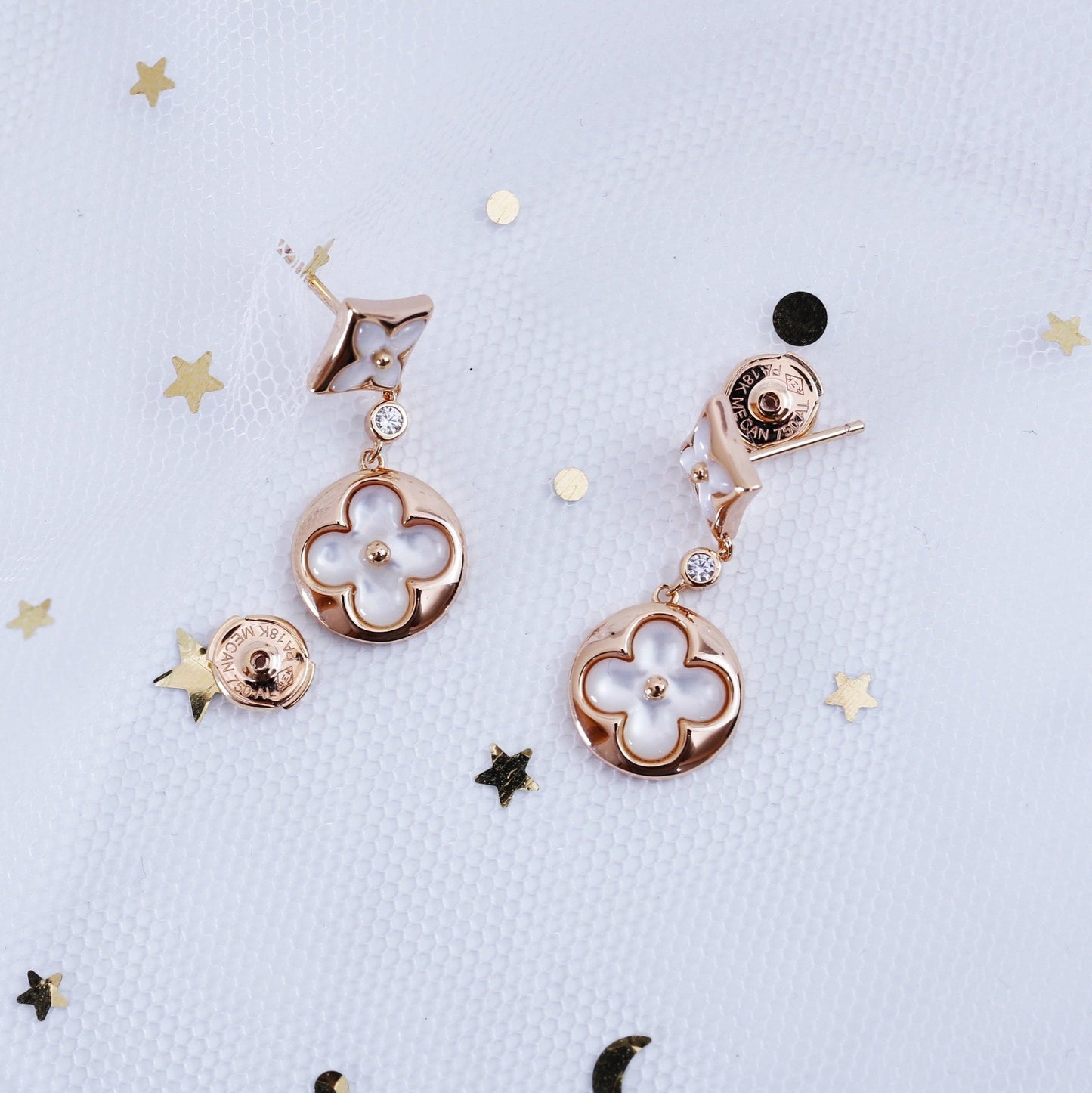 [Psychic Jewelrys]STAR AND SUN PINK GOLD MOP DROP EARRINGS