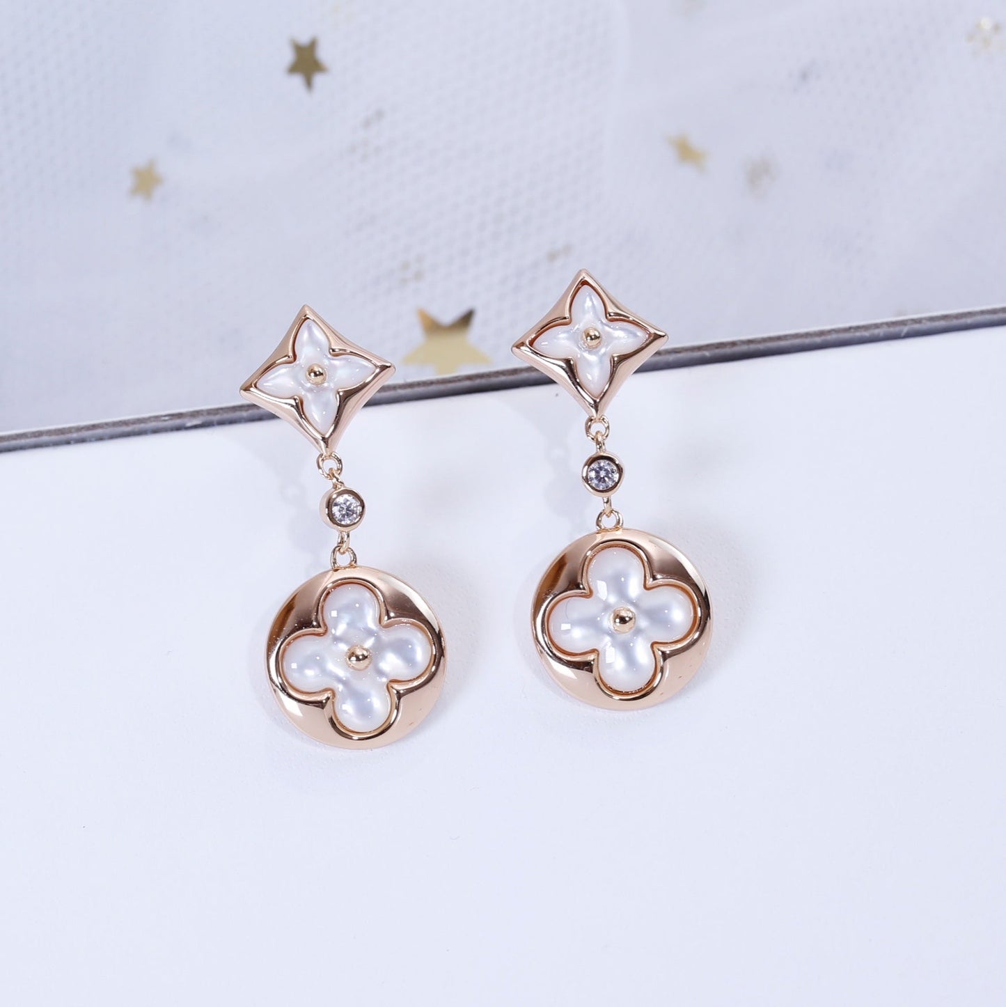 [Psychic Jewelrys]STAR AND SUN PINK GOLD MOP DROP EARRINGS