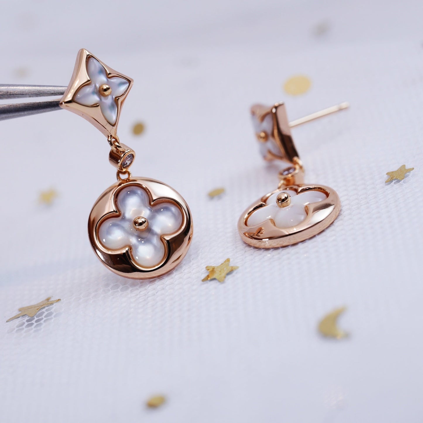 [Psychic Jewelrys]STAR AND SUN PINK GOLD MOP DROP EARRINGS