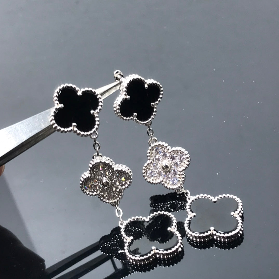 [Psychic Jewelrys]CLOVER 3 MOTIF DIAMOND ONYX SILVER EARRINGS