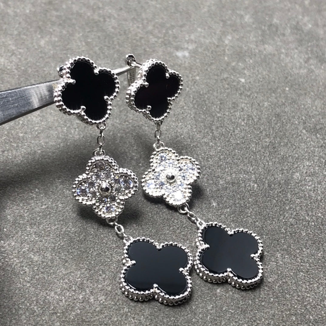 [Psychic Jewelrys]CLOVER 3 MOTIF DIAMOND ONYX SILVER EARRINGS