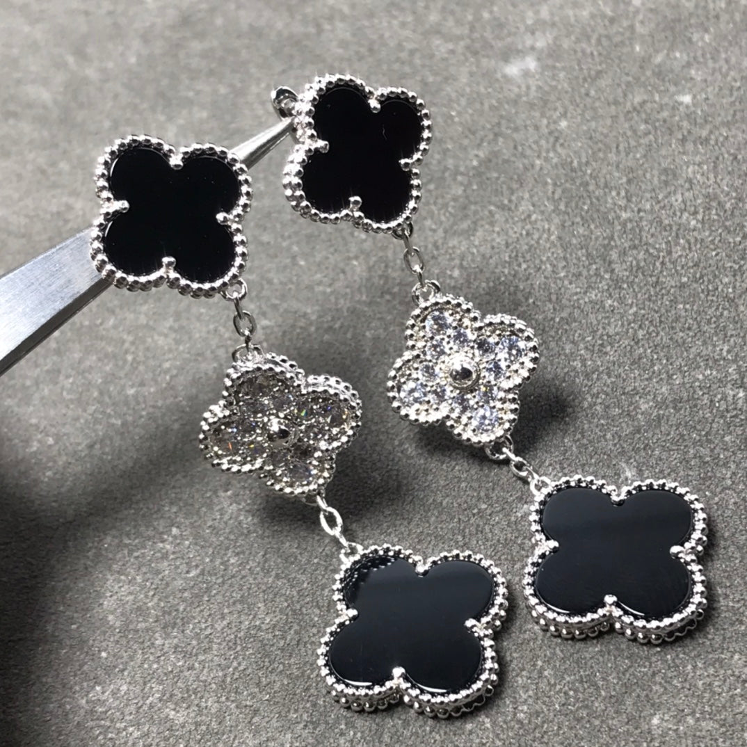 [Psychic Jewelrys]CLOVER 3 MOTIF DIAMOND ONYX SILVER EARRINGS