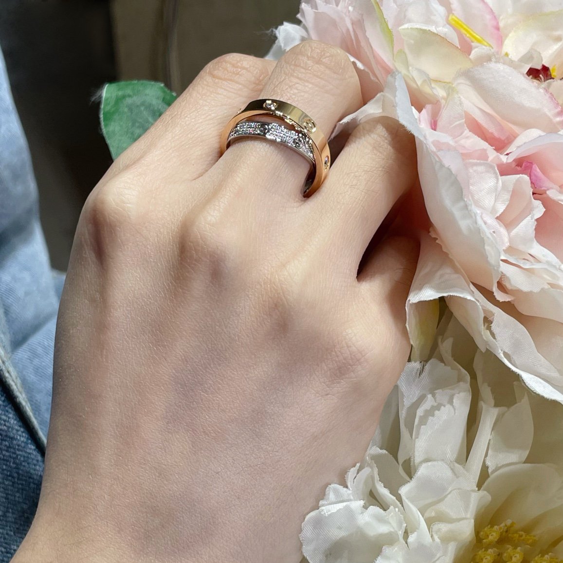 [Psychic Jewelrys]LOVE PINK GOLD SILVER DIAMOND DOUBLE RING