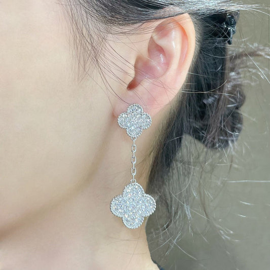 [Psychic Jewelrys]CLOVER 2 MOTIFS DIAMOND PAVED SILVER EARRINGS