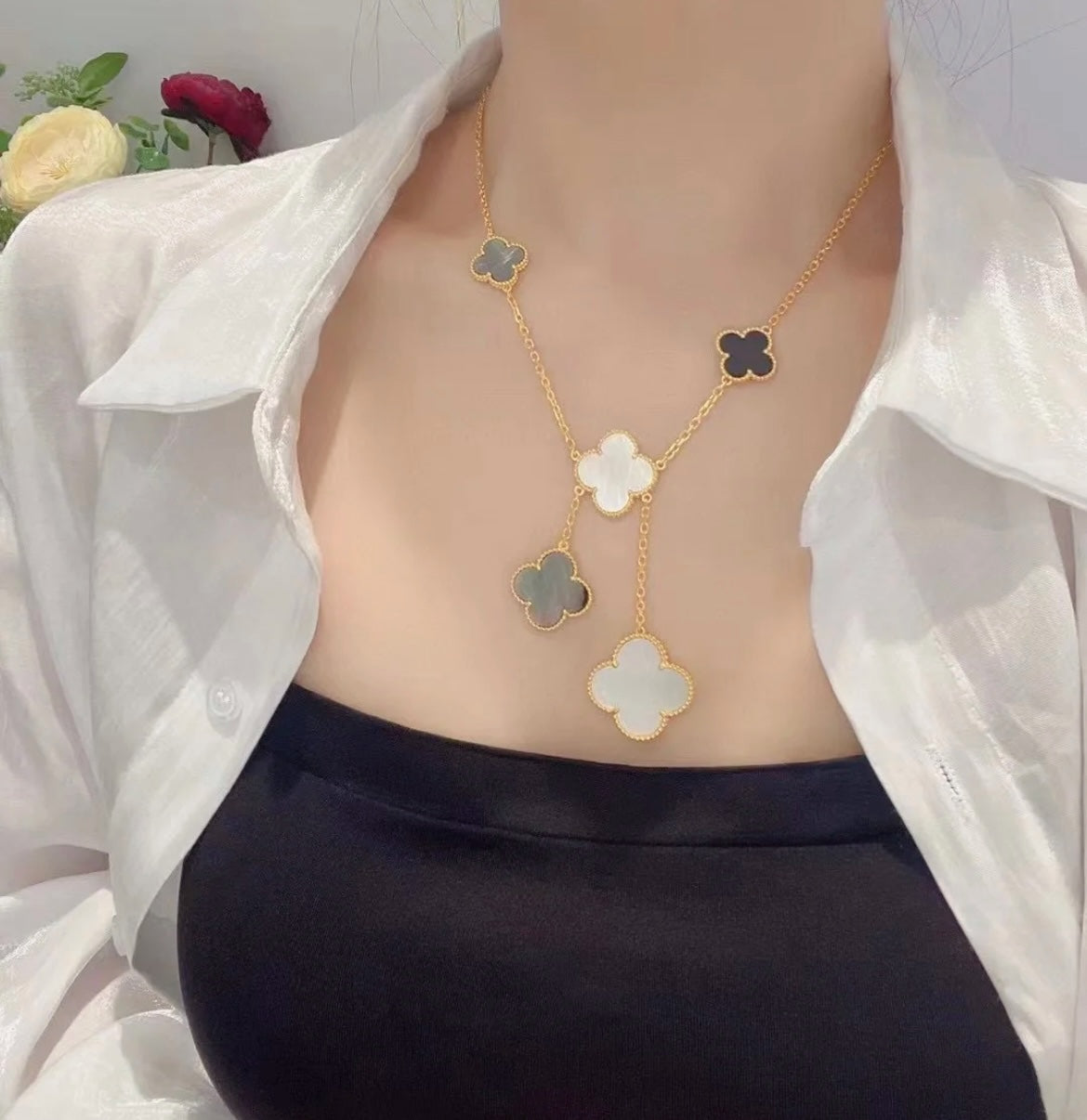 [Psychic Jewelrys]CLOVER 6 MOTIF MOP ONYX GOLD NECKLACE