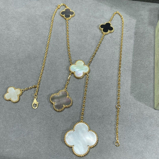 [Psychic Jewelrys]CLOVER 6 MOTIF MOP ONYX GOLD NECKLACE