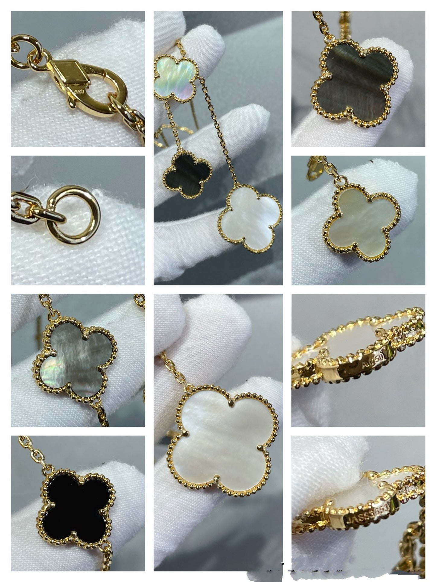 [Psychic Jewelrys]CLOVER 6 MOTIF MOP ONYX GOLD NECKLACE