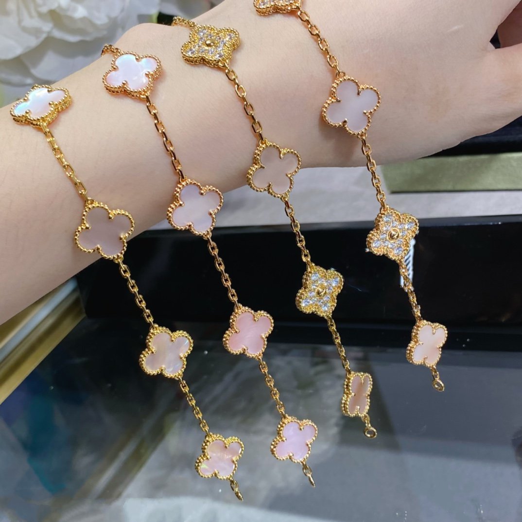 [Psychic Jewelrys]CLOVER 5 MOTIF DIAMOND PINK MOP PINK GOLD BRACELET