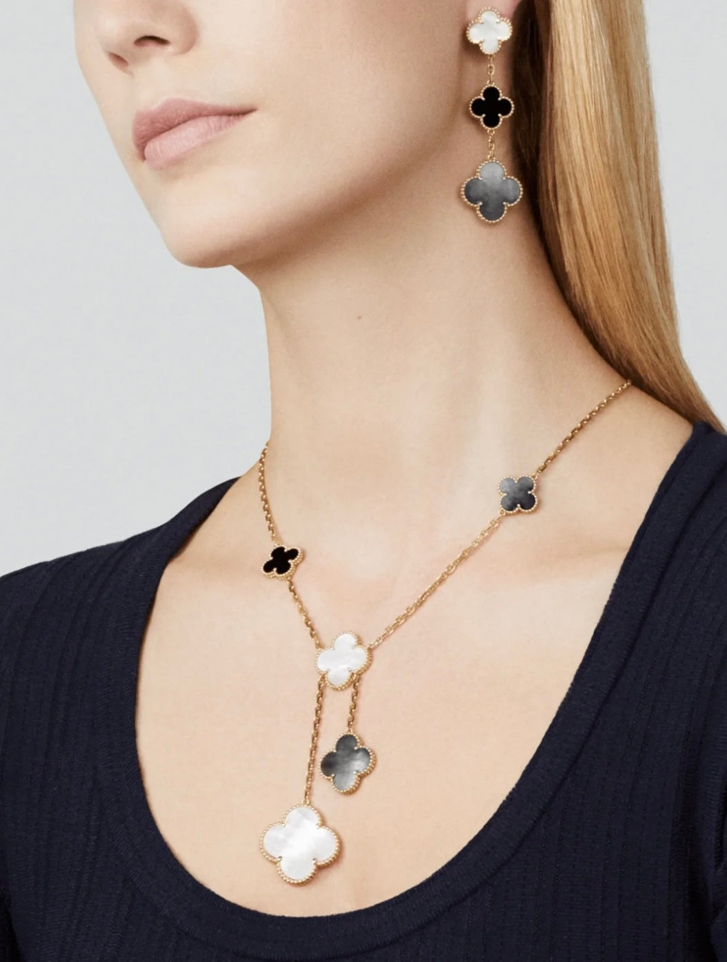 [Psychic Jewelrys]CLOVER 3 MOTIF MOP ONYX DARK MOP PINK GOLD EARRINGS