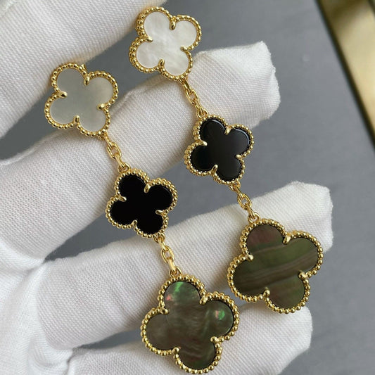 [Psychic Jewelrys]CLOVER 3 MOTIF MOP ONYX DARK MOP PINK GOLD EARRINGS