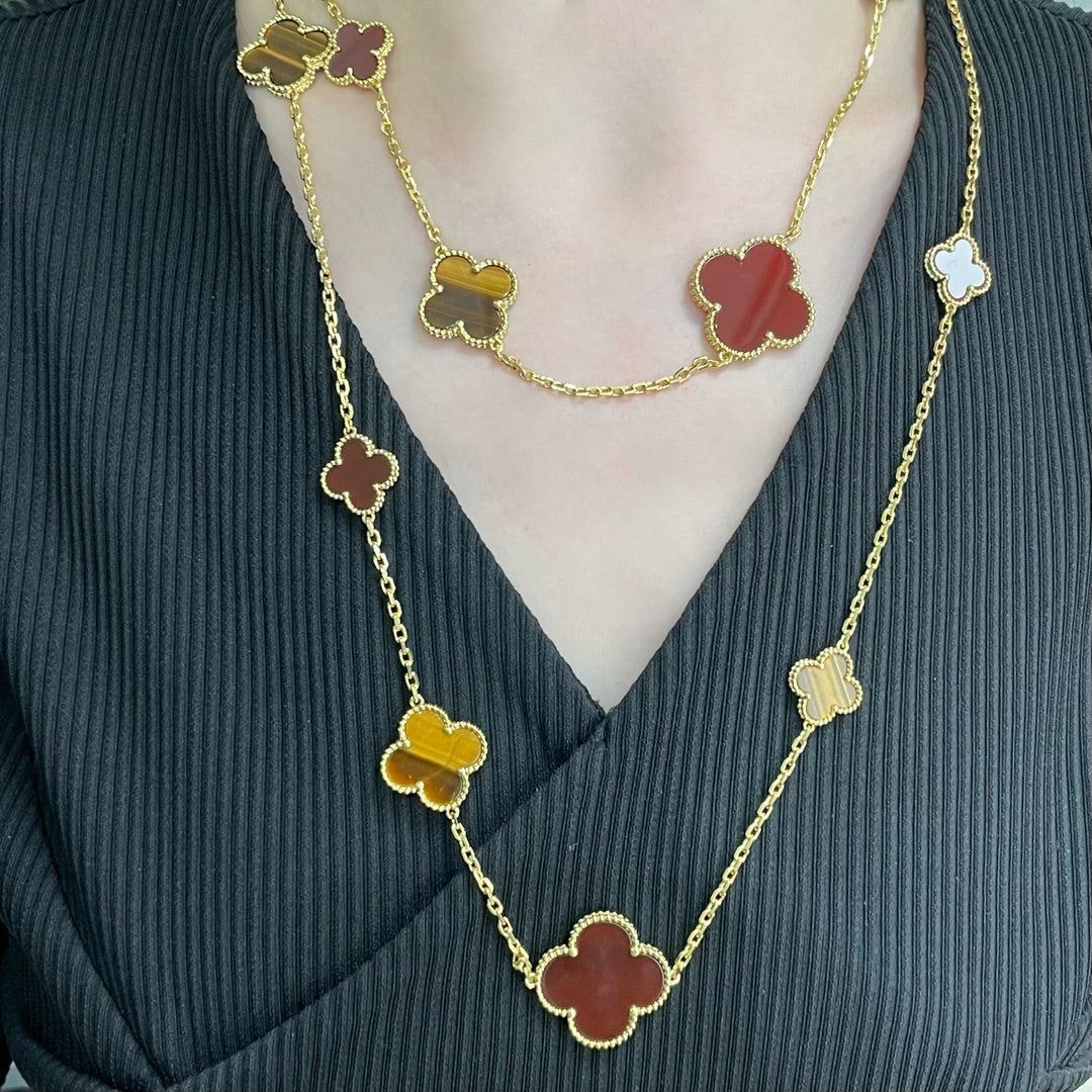 [Psychic Jewelrys]CLOVER 16 MOTIF CARNELIAN TIGER EYE ROSE GOLD NECKLACE
