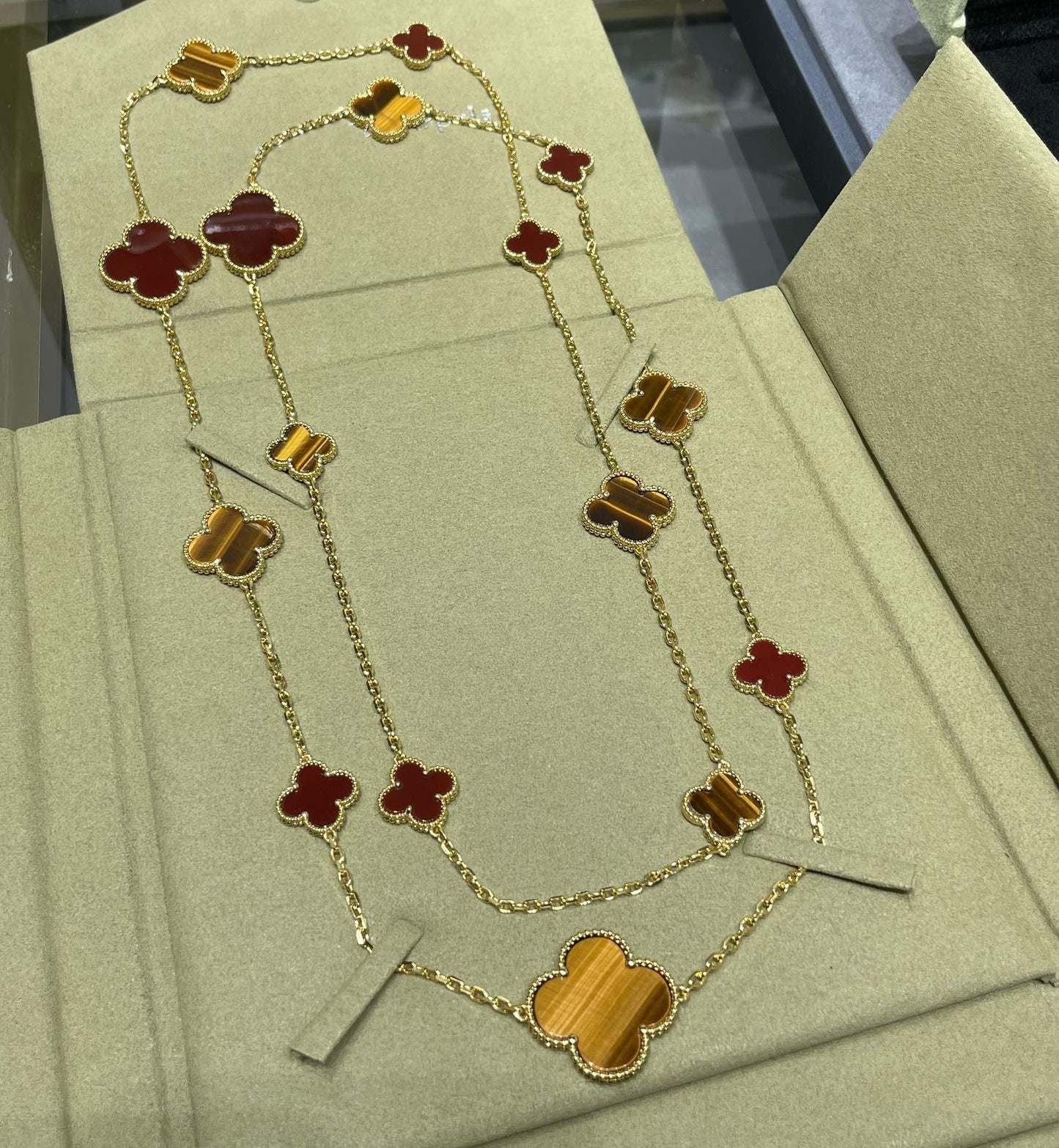 [Psychic Jewelrys]CLOVER 16 MOTIF CARNELIAN TIGER EYE ROSE GOLD NECKLACE