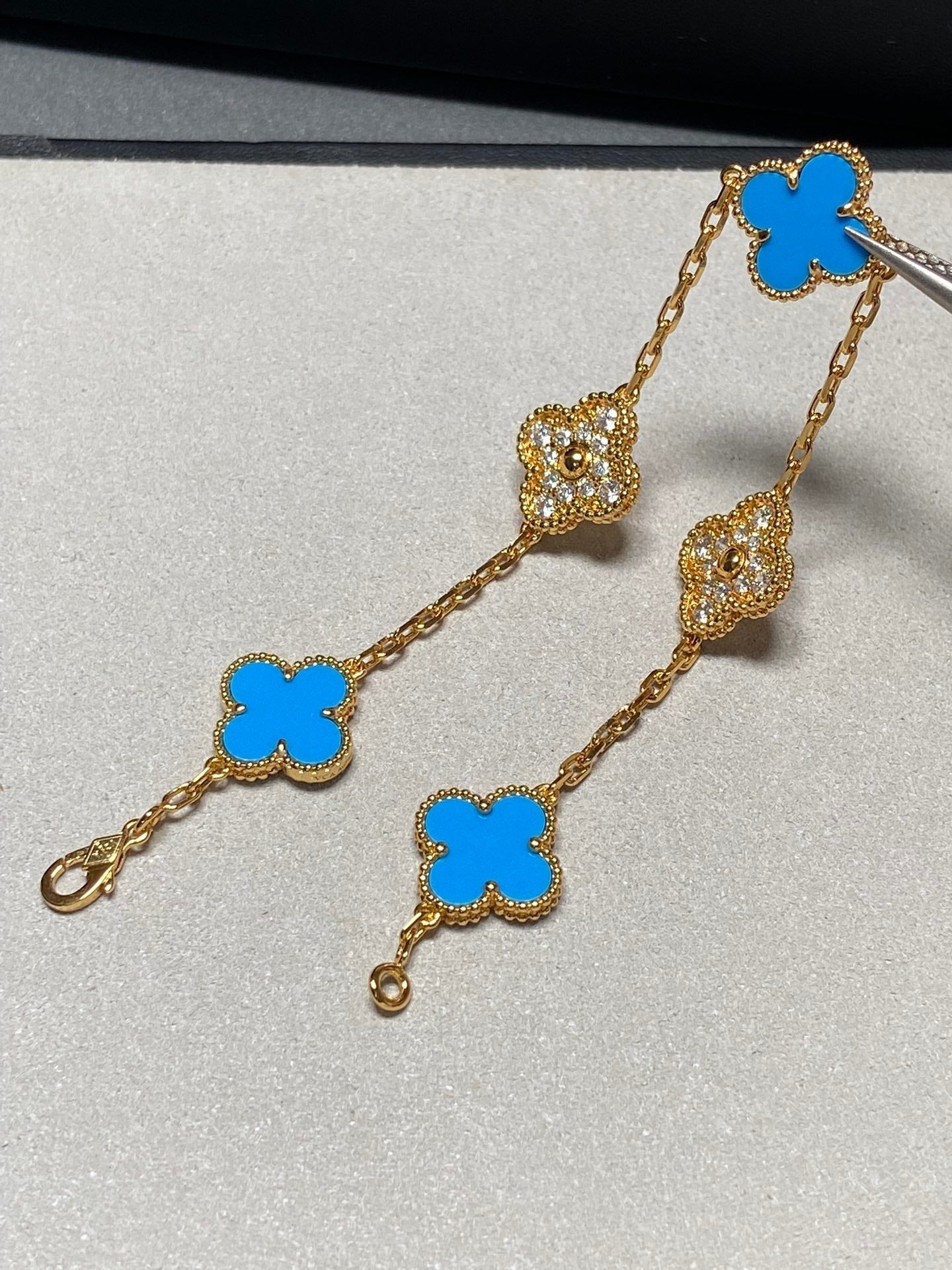 [Psychic Jewelrys]CLOVER 5 MOTIF BLUE CHALCEDONY DIAMOND GOLD BRACELET