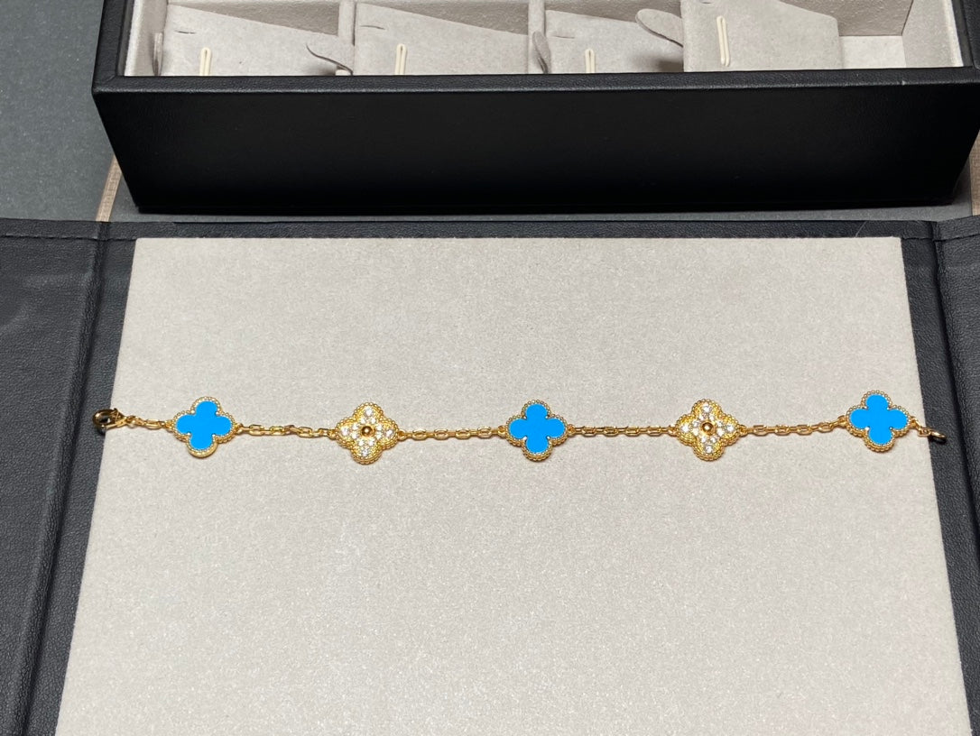 [Psychic Jewelrys]CLOVER 5 MOTIF BLUE CHALCEDONY DIAMOND GOLD BRACELET