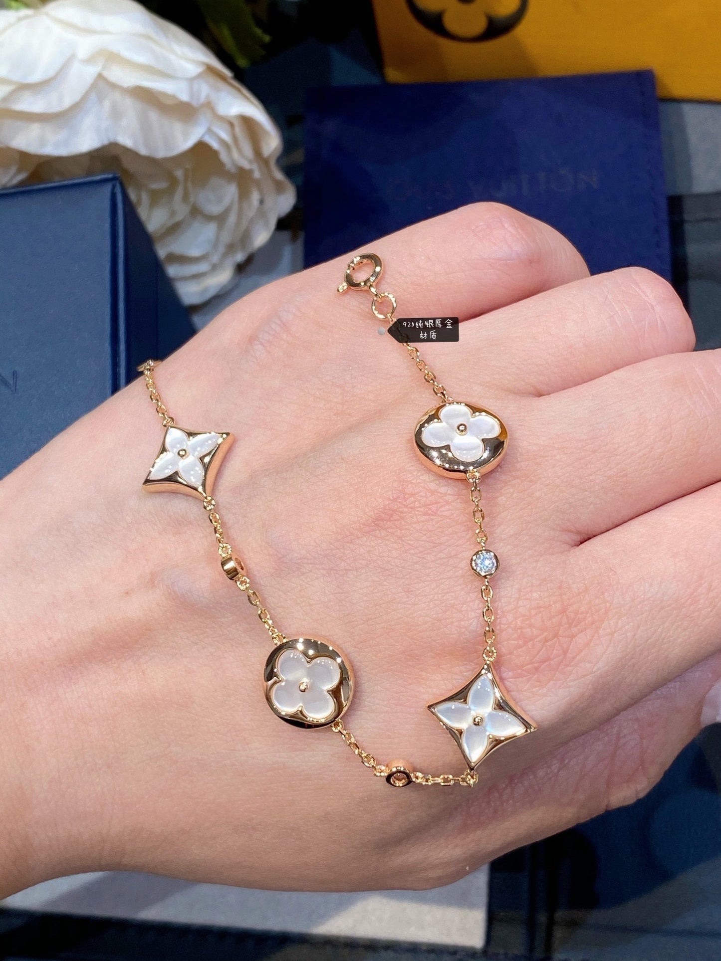 [Psychic Jewelrys]STAR AND SUN 4 MOTIF WHITE MOP PINK GOLD BRACELET