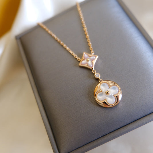 [Psychic Jewelrys]STAR AND SUN WHITE MOP 2 MOTIF PINK GOLD NECKLACE