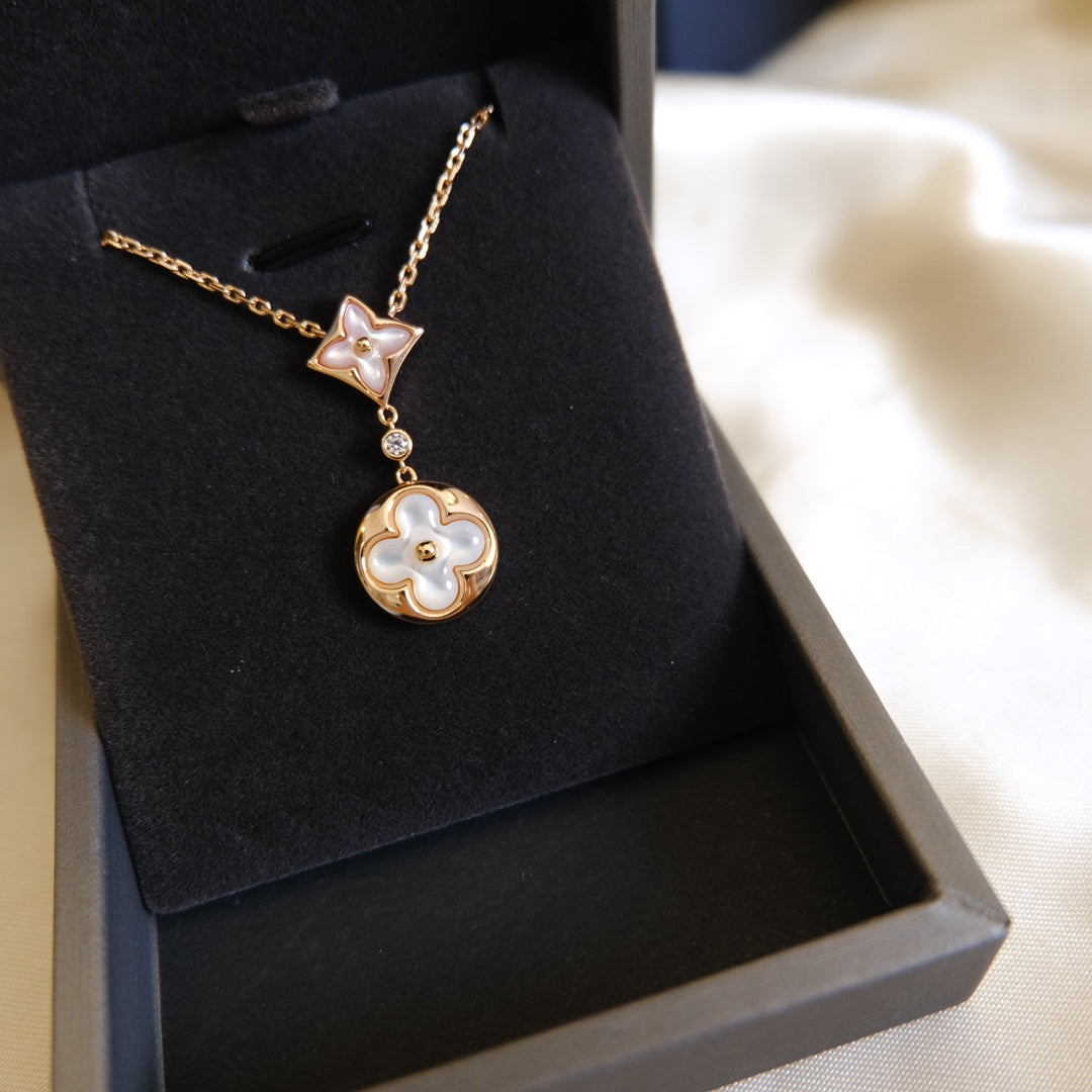[Psychic Jewelrys]STAR AND SUN WHITE MOP 2 MOTIF PINK GOLD NECKLACE