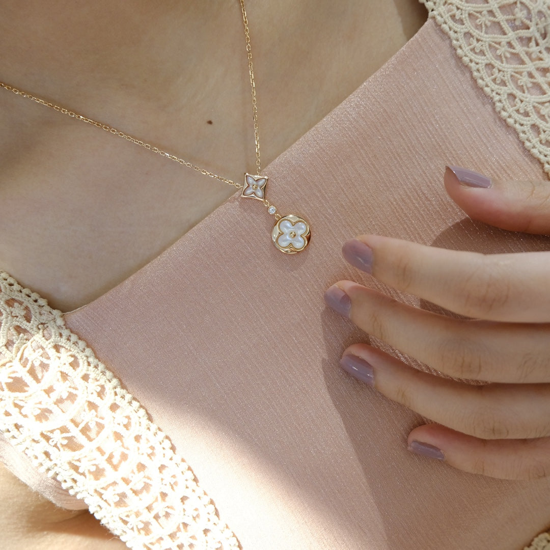 [Psychic Jewelrys]STAR AND SUN WHITE MOP 2 MOTIF PINK GOLD NECKLACE